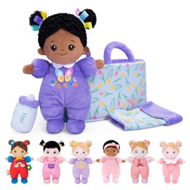 OUOZZZ Baby Soft Doll with Carrying Case and Doll Accessories Purple, 25cm African Soft Rag Doll Cuddly Doll for Children from 3 Months - Baby Gift for Birth Girls Boys