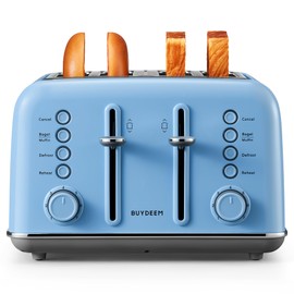 BUYDEEM DT640 4-Slice Toaster, Extra Wide Slots, Retro Stainless Steel with High Lift Lever, Bagel and Muffin Function, Removal Crumb Tray, 7-Shade Settings,Blue