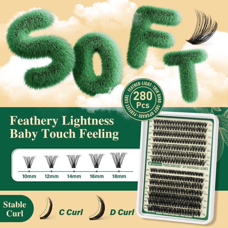 KEYYOU DIY Lash Extension Kit 280pcs Soft Lash Clusters 60D+80D