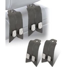 Car Headrest Hooks with Sparkling Rhinestones & Premium Leather – Upgraded Double Metal Purse Holders, Anti-Drop Design – Universal Back Seat Organizer for Bags, Coats, Groceries (Crystal Gray 2Pcs)