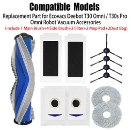 Replacement Parts for Ecovacs Deebot T30 Omni / T30s Pro Robot Vacuum Accessories 1 Main Brush 4 Side Brush 2 HEPA Filter 2 Mop Pad 2 Dust Bags