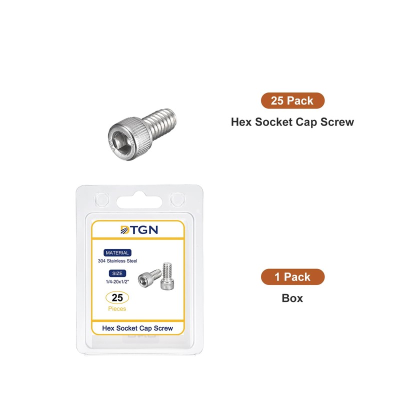 DTGN 1/4-20x1/2" Socket Head Cap Screws Bolts, 25Pcs 304 Stainless