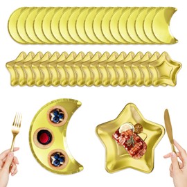 SINGOMON 40pcs Gold Moon Plates Gold Star Paper Plates Disposable Star Plates Disposable Plates Party Plates Dinner Plates Gold Paper Tray Birthday Plates for Eid Decorations Baby Shower Decorations