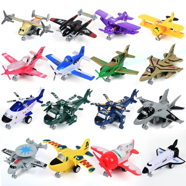 HAPTIME 16 Pcs Airplane Toy, Pull-Back Plane Playset for Kids, Plane Toys Includes Helicopter, Aircraft, Fighter Jets, Birthday Gifts for Boys & Girls 2 3 4 5 6 7 8 9 10 11 12 Year Old