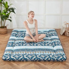 Zelladorra Japanese Floor Mattress, Futon Mattress with Portable Storage Bag, Roll Up Mattress Thick Tatami Mattress Suitable for Camping, Guest Room (Blue Striped Jacquard, Twin)
