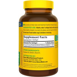 Nature Made Vitamin D3 2000 IU (50 mcg), Vitamin D Supplement for Bone, Teeth, Muscle and Immune Health Support, 250 Softgels, 250 Day Supply