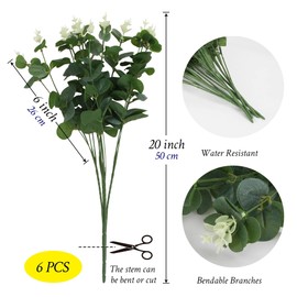Artificial Eucalyptus Plants Bulk Faux Greenery Bouquets 20” Stems Silk Green Leaves, 6pcs