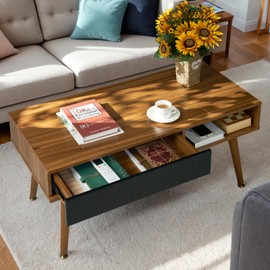 Artswish Coffee Table Mid Century Modern Coffee Tables with Drawer and Open Storage, Living Room Table Walnut Coffee Table