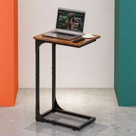 RISWER C-Shaped Side Table for Couch - Small Coffee Stand Sofa Tray Desk with Metal Frame and Waterproof Scratch Resistant, Modern End Accent for Living Room, Bedroom, Small Spaces, Rustic Brown