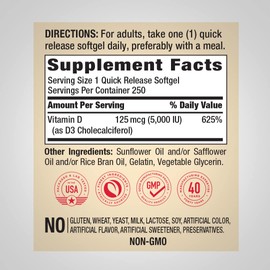 Piping Rock Vitamin D3 5000 IU | 250 Softgels | High Potency Supplement | Non-GMO, Gluten Free