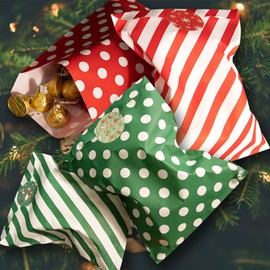 24 Pieces Christmas Treat Bags Holiday Bags With Prints Christmas Goodies Snack Gift Bags Red Green Candy Cookie Buffet Paper Bags for Christmas Holiday 4 Styles Small Paper Treat Bags
