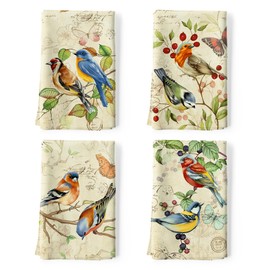 Arquiel Retro Birds Kitchen Towel 100% Cotton Quick Dry Dish Towels 20 x 27.5inch, Dishcloth Hand Towels for Housewarming Gifts Dining, Home, Wedding, Banquet, Buffet (Set of 4)