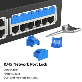 12Pcs RJ45 Port Lock with 1 Keys, Locking RJ45 Port/Dust Blocker,RJ45 Dust Cover Cap Female Port Plugs Protector,Compatible RJ45 Port Devices (Blue)