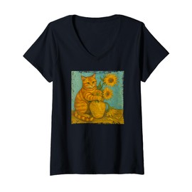 Womens Sunflowers Orange Tabby Cat Painting Famous Artist Novelty V-Neck T-Shirt