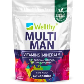 Wellthy Multivitamínico Premium para Hombre 60 Cápsulas 1150mg c/u. 26 Vitaminas y Minerales, Solo 1 Cápsula al Día, Bottle Free.