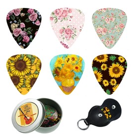 Jasenna Guitar Picks - 12 Medium Gauge Celluloid Guitar Picks In a Box W/Picks Holder. Unique Guitar Gift For Bass, Electric & Acoustic Guitars (12-Sunflower)