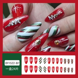 Medium Christmas Press on Nails Almond Shape Fake Nails Snowflake Glue on Nails Full Cover Winter Acrylic Nails Red Green Glitter Stripes Designs Christmas False Nails Reusable Stick on Nails