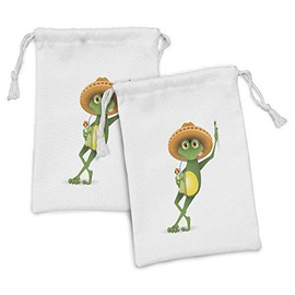 Lunarable Cartoon Fabric Pouch Set of 2, Frog in a Sombrero and a Cocktail Drink Glass Fauna Hot Weather Holiday, Small Drawstring Bag for Toiletries Masks and Favors, 9" x 6", Fern Green Apricot