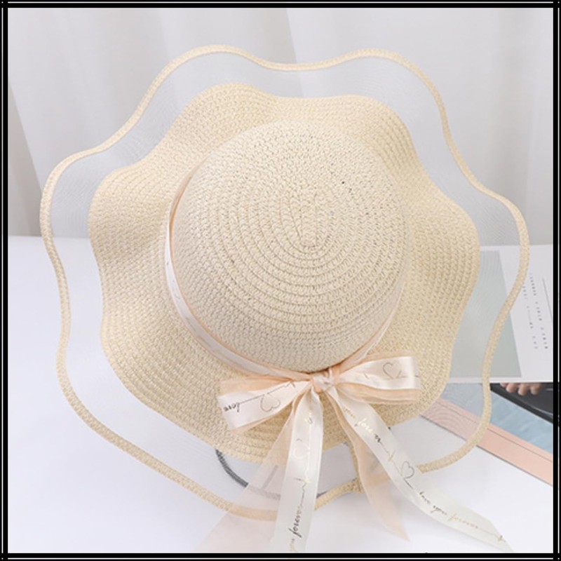 White Fang CZ051 Women's Straw Hat, Ruffle, Satin, Ribbon, Cute,