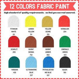 Hual Fabric Paint Set for Clothes with 6 Brushes, 1 Palette, 12 Colors (12ml, 0.4oz) - Permanent Textile Paint Puffy Paint Kit for Shoes, Canvas - Non-Toxic Slick Painting Set for Adults, Beginner & Artists, Christmas Painting