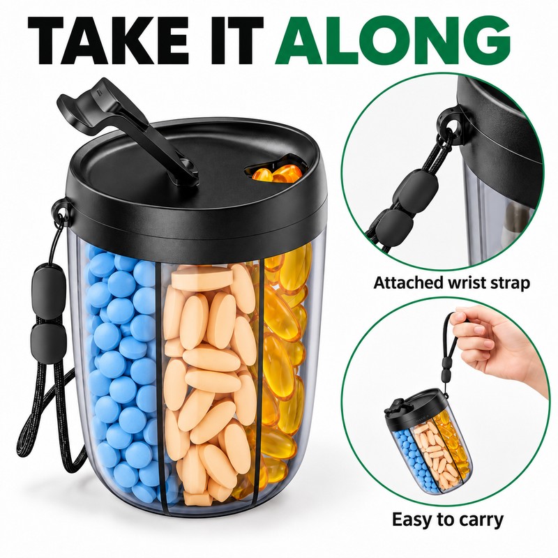 6 Compartment Pill Organizer with Rotating Lid Large Capacity Portable