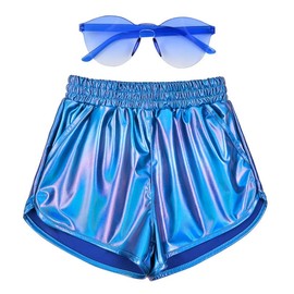 Mirawise Metallic Blue Girls Metallic Shorts Sparkly Hot Short Pant Shiny Costume Festival Outfit Size 4 5 with Sunglasses