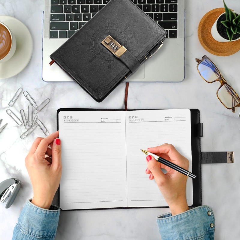 Kesote Black Journal with Lock, Refillable Faux Leather Lock Diary