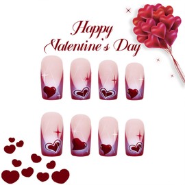 IMSOHOT Valentine's Day Press on Nails Medium Square Fake Nails Red French Tips Nails with Heart Designs Full Cover Cute Squoval Acrylic Glossy False Nails 24Pcs