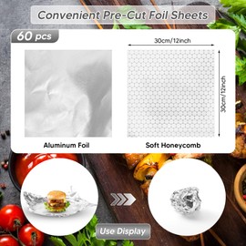 60 Packs Insulated Foil Sandwich Wrap Sheets 12"x12" Pre-Cut Aluminum Foil Wrap Sheets Sandwich Wrapper Greaseproof Waterproof Food Wrapping Paper for Sandwiches Burritos Hanburger Hot Dogs BBQ