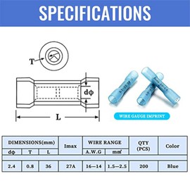 100Pcs 16-14 AWG Blue Heat Shrink Butt Connectors, Waterproof Insulated Crimp Butt Splice Electrical Connectors for Automotive, Marine, and Home Wiring Projects