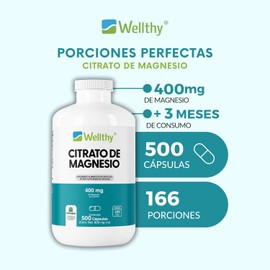 Wellthy Citrato de Magnesio Premium 500 Cápsulas 400mg. 100% Natural, Vcaps Cápsulas Veganas, 166 Días de Consumo