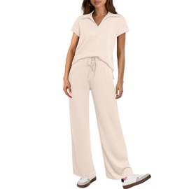 Glamaker Womens 2 Piece Summer Outfit Lounge Set Cap Sleeve Polo Top And Pant Set Tracksuit Travel Matching Outfit 2025(Apricot,Large)
