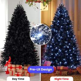6FT Black Christmas Tree Prelit, Pre Lit Artificial Tree with 1460 Branch Tips and 350 Lights, Foldable Metal Stand, Hinged Xmas Tree for Party Decoration