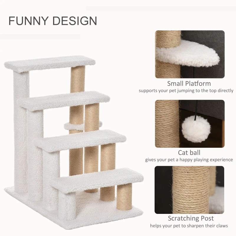 4-Level White Carpeted Wood Eco-Friendly Pet Stairs Cat Tree Climber