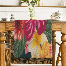 Habodd Table Runner Spring Summer Tropical Green Leaves Red Flower Motif Modern Colourful Table Decoration Washable for Indoor Outdoor Holiday Party Living Room Decor 33 x 180 cm