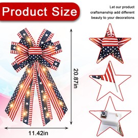 ABTOLS Large LED Patriotic Wreath Bows for Front Door, Labor Day Red Blue White Stars and Stripes Bows for Wreath American Flag Star Bows for Indoor Outdoor Labor Day Party Door Wall Fence Decor