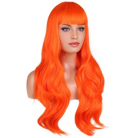 BERON Orange Wig Long Wavy Wig Bright Orange Wavy Wigs with Bangs for Women Daily Party and Cosplay Hairnet Include