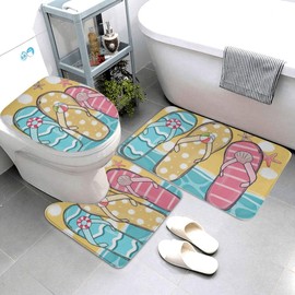 Easternproject 3 Piece Summer Beach Bath Rug Sets Stripes Polka Dot Flip Flops Shoreline Ocean Sea Sand Starfish Bath Mat Soft Non Slip Holiday Water Absorbent U-Shaped Contour Toilet Mat Lid Cover