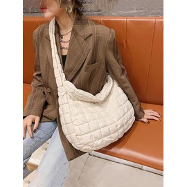 Women's Casual Quilted Puffer Design Shoulder Pouch, Lightweight Large Capacity Ladies Purse, Commuter Crossbody Bag for Women & Girls for Daily Use:_Cream_Please Refer To The Pictures for Dimensions