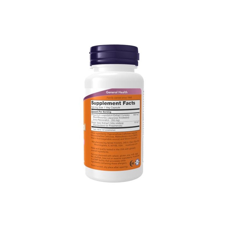 NOW Natural Resveratrol 200 mg,60 Veg Capsules