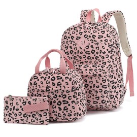 Yusudan Corduroy Girls Backpack Set, 3PCS School Backpacks for Kids Elementary Middle School Bags with Lunch Box Pencil Case (Pink Corduroy Leopard)