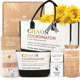 Thank You Gifts for Women, Administrative Professional Day Gifts, Chaos Coordinator Gift for Employee Coworkers Teacher Nurse Boss Lady Teacher Appreciation Gift Ideas - 16OZ Glass Cup Canvas Tote Bag