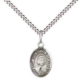 Small Sized Women's .925 Sterling Silver Saint John Baptist de la Salle Medal Pendant on 18" Rhodium Plated Lite Curb Brass Chain w/ Lobster Claw Clasp, Catholic Religious Necklace -Made in USA- Velvet Gift Box