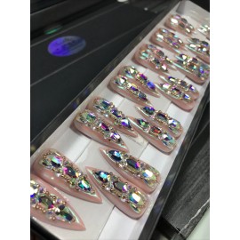Handmade Press On Nails Handmade 24 Long Stiletto Nude Crystal Gel / Gel Polish