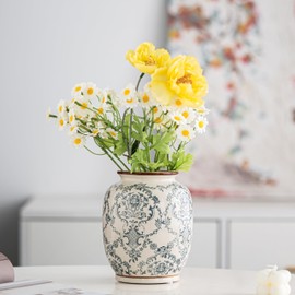 Blue and White Vase, Vintage Blue Ceramic Flower Vessel,Ceramic vases for Home Decor,Vintage Vase for Home Decor, Living Room, Shelf, Office, Rustic Table Centerpiece (Rerto-01, Small)