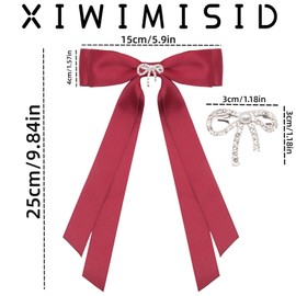 XIWIMISID Bow Hair Clips for Women And Girls Silky Satin Tassel Ribbons Long Tail Bowknot Barrettes Solid Metal Holder Hair Accessories 2pcs (black+wine red)
