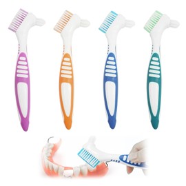 Wovify Double-Sided Denture Cleaning Brush, Pack of 4 Portable Denture Cleaning Brushes with Moderate Multilayer Bristles, Cleaning Brush for Dentures, Dentures, Teeth, Retainer