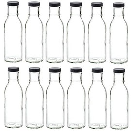Nakpunar 12 pcs 12 oz 250 ml Wide Mouth Empty Glass Bottles with Black Plastic Lids for Oil, Sauces, Milk, Water, Beverages (12, Black Plastic)