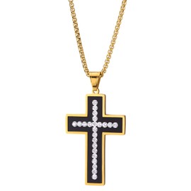 COOLSTEELANDBEYOND Men Women Stainless Steel Gold Black Cross Pendant Necklace with Cubic Zirconia, Unique Inlay Design