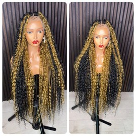 Black and Honey Blonde Two Colors Mix Boho Knotless Braided Wig 40 Inches Full Lace Human Hair Wig for Immediate Delivery